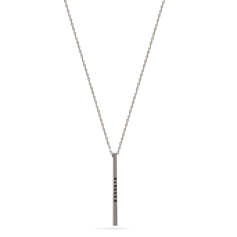 Rhodium "Blessed" Bar Pendant Adjustable Length Chain Necklace