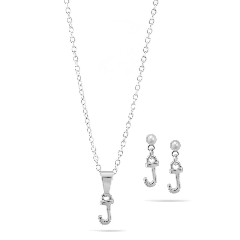Rhodium "J" Small Pendant Adjustable Length Chain Short Necklace And Earrings Set