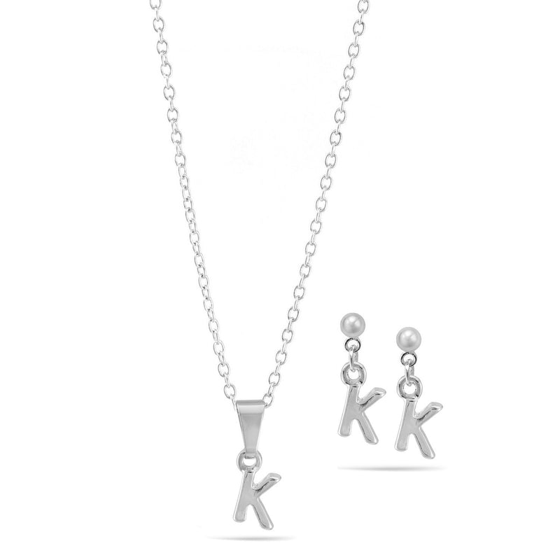 Rhodium "K" Small Pendant Adjustable Length Chain Short Necklace And Earrings Set
