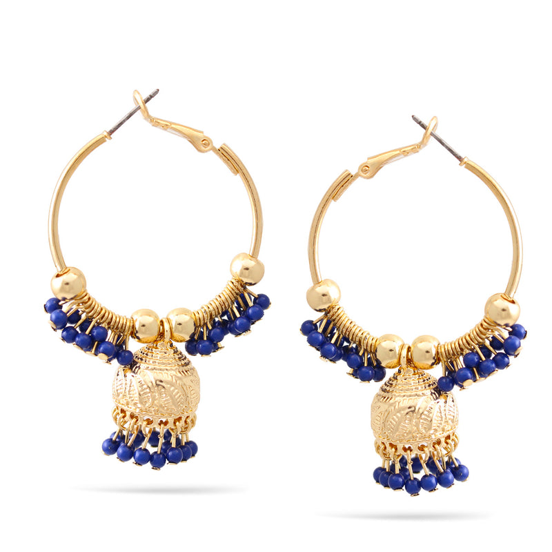 Gold Navy Beads Dogra Jhumka Chandelier Hoop Earrings
