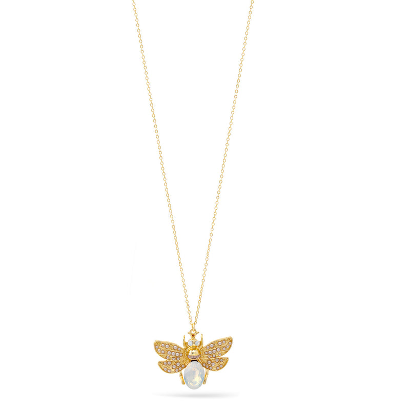 Moonstone Crystal And Pearl Gold Bee Pendant Adjustable Length Chain Necklace