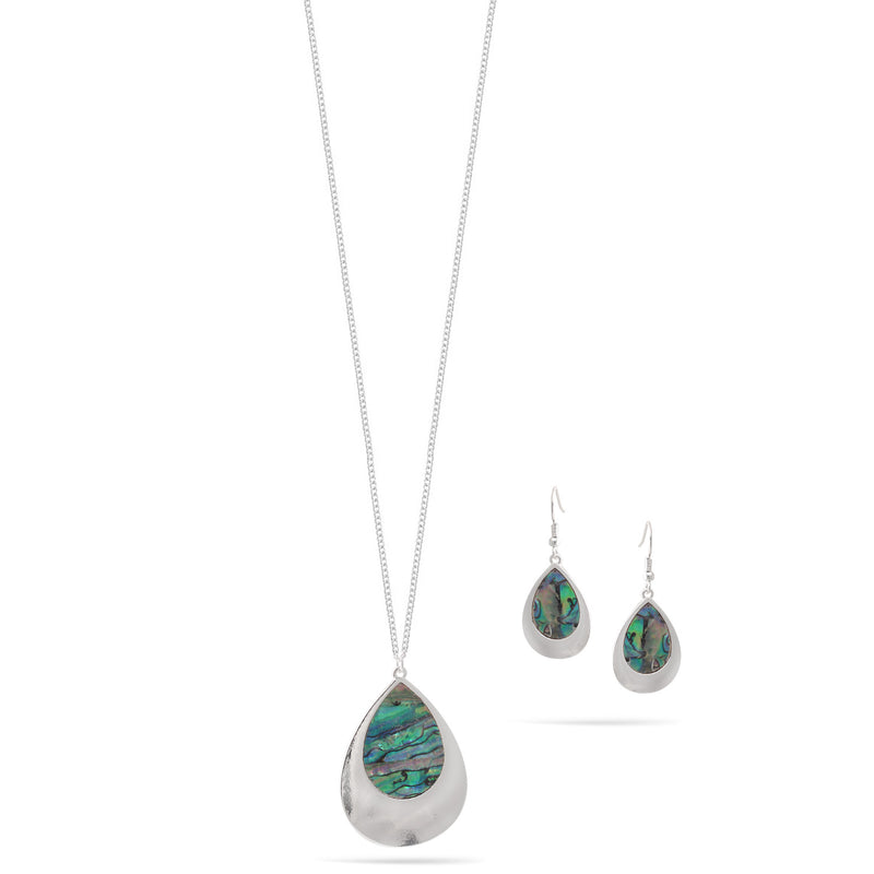 Teardrop Abalone Silver Pendant Adjustable Length Chain Necklace And Earrings Set