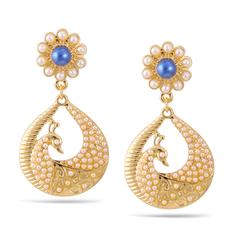 Gold Peacock Cream And Blue Pearl Post Earrings