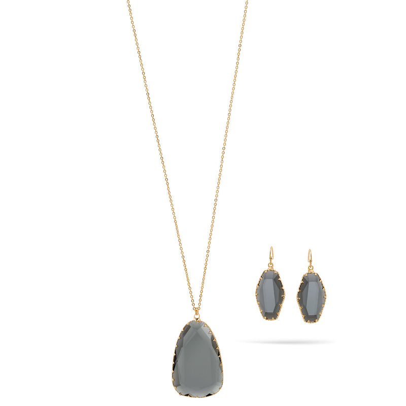 Blue Grey Clear Faceted Crystal Pendant Gold Adjustable Length Chain Necklace And Earrings Set