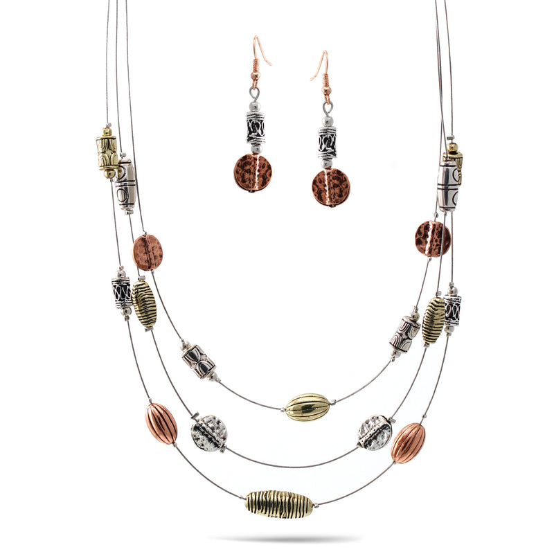 Oxidized Tri-Tone Adjustable Length Wire Chain Short Necklace And Earrings Set