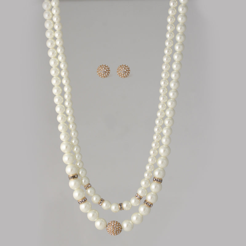 Cream Pearl And Gold Crystal Pave Ball Adjustable Length Layer Necklace And Earrings Set