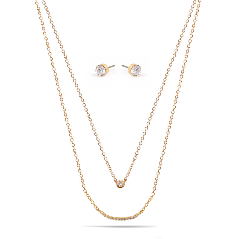 Gold Crystal Bar Small Pendant Adjustable Length Chain Layer Necklace And Crystal Earrings Set
