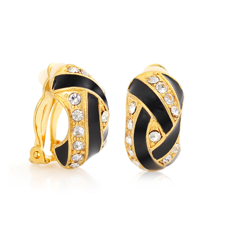 Gold-Tone Metal Black Enamel Crystal Stud Earrings