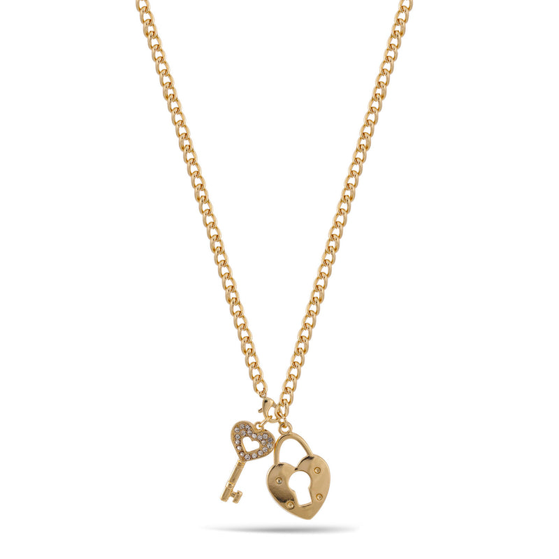 Gold Heart And Crystal Key Pendant Adjustable Length Gold Chain Necklace
