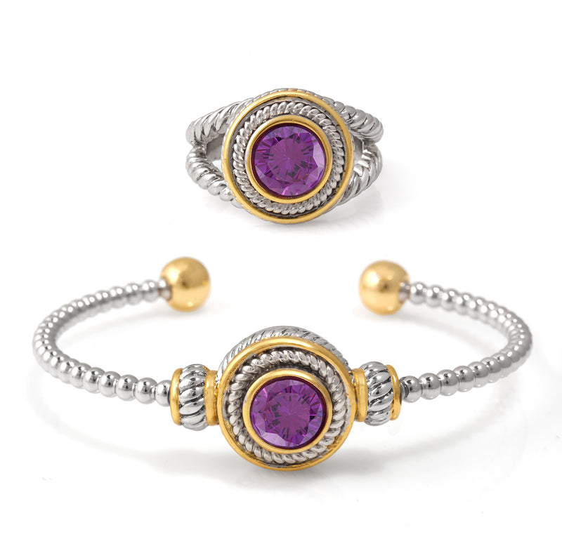 Silver And Gold Bracelet And Amethyst Crystal Size 7 Ring Set