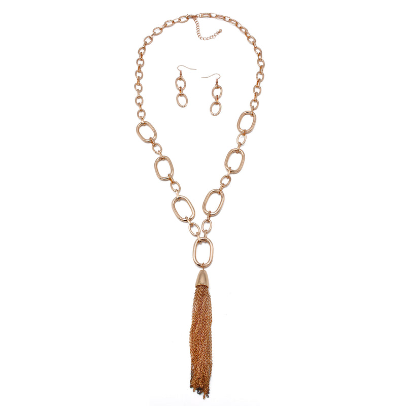ROSE GOLD RECTANGLE LINK CHAIN TASSEL NECKLACE AND EARRING SET