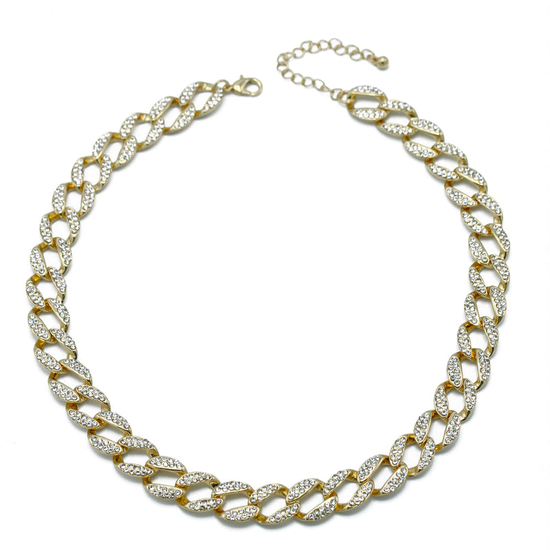GOLD PAVE CRYSTAL FLAT CURB CHAIN  STATEMENT NECKLACE