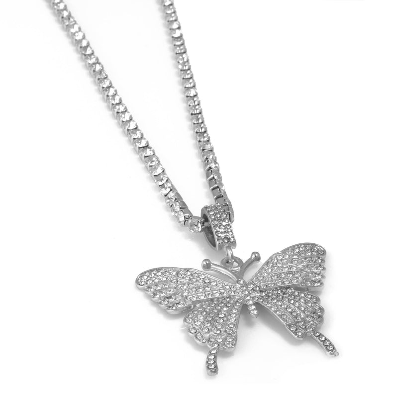 SILVER BUTTERFLY PENDANT PAVE CRYSTAL CHAIN NECKLACE