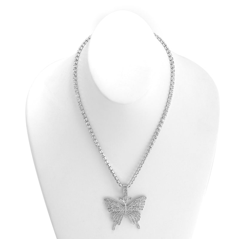 SILVER BUTTERFLY PENDANT PAVE CRYSTAL CHAIN NECKLACE