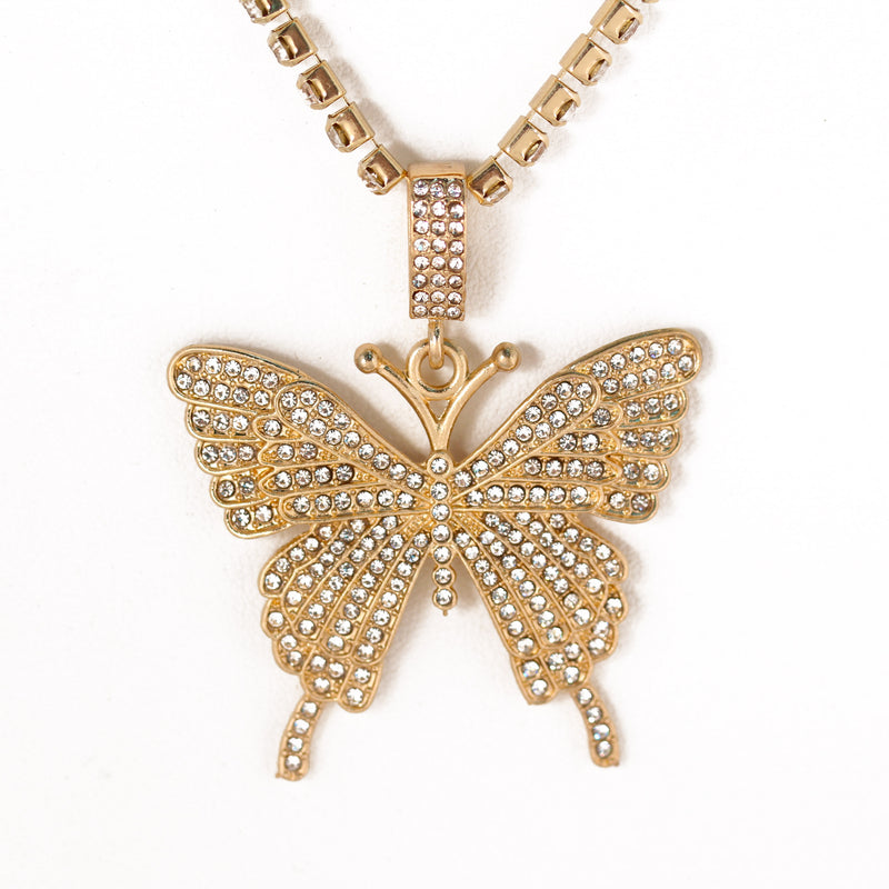 GOLD BUTTERFLY PENDANT PAVE CRYSTAL AND CURB CHAIN  NECKLACE