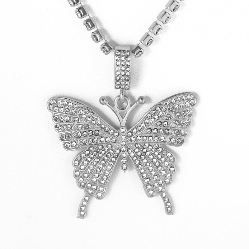SILVER BUTTERFLY PENDANT PAVE CRYSTAL AND CURB CHAIN  NECKLACE