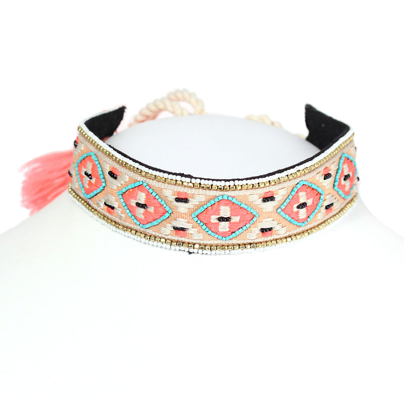 Pink Gold And Turquoise Beads Adjustable Choker Necklaces