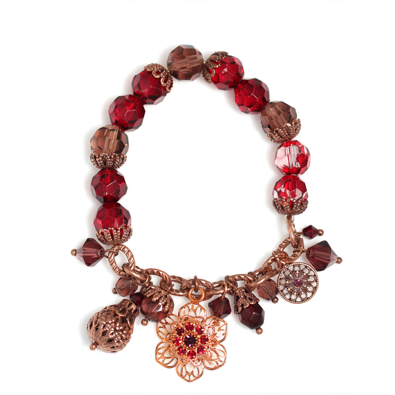 Oxidized Rose Gold Red And Champagne Crystal Flower Charm Bracelet