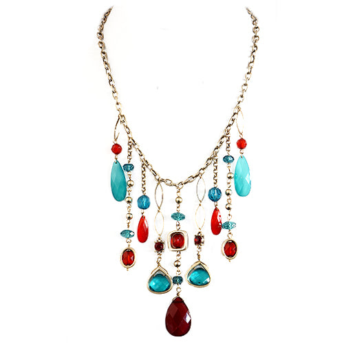 Red and Green Mixed Multi Bead Bib Charm Gold Necklace