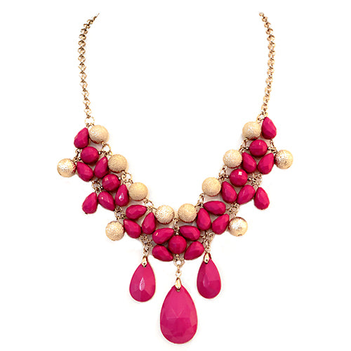 Fuchsia Teardrop Beads with Gold Textured Ball Bib Necklace