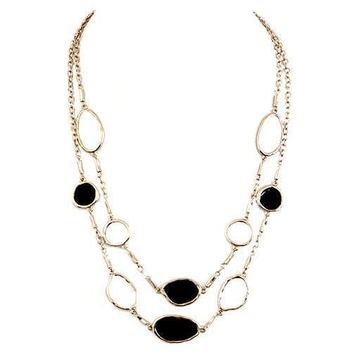 Black and White Enamel Bead Two-Strand Gold Chain Necklace  