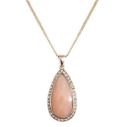 Teardrop Light Pink Color Cut Stone with Rhinestone Gold Necklace