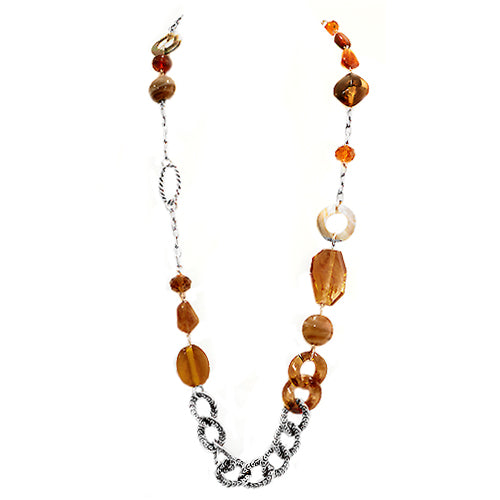Brown Multi Beaded Silver Chain Long Necklace 