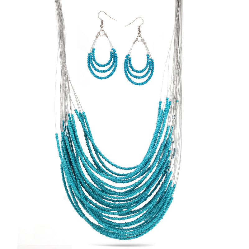 Turquoise Beads Rhodium Adjustable Length Layer Necklace And Earrings Set