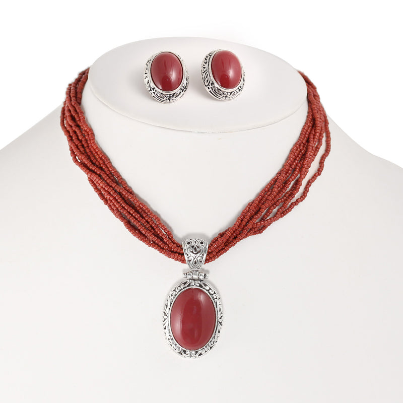 Silver Filigree Burgundy Oval Pendant Multi Layer Burgundy Beads Adjustable Length Neckalce And Earrings Set