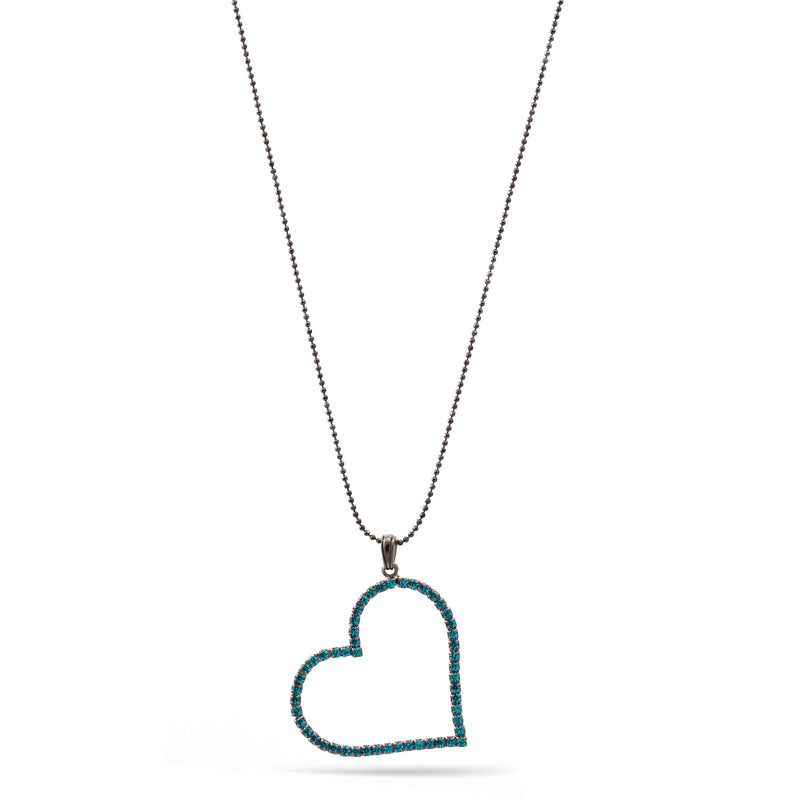 Hematite Aqua Blue Crystal Heart Pendant Adjustable Length Chain Necklace