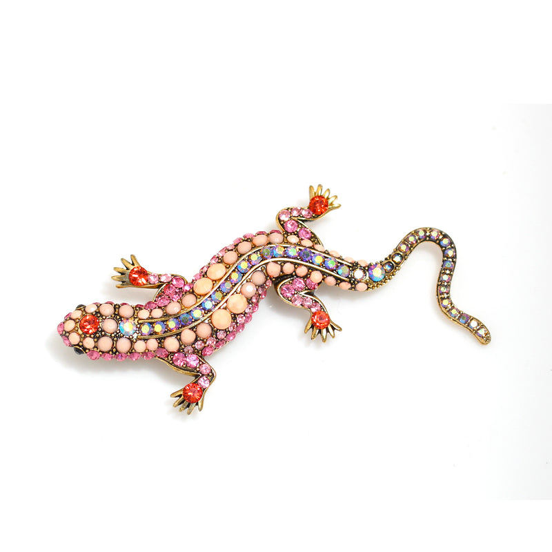 Gold Pink Crystal Lizard Pin Brooch 