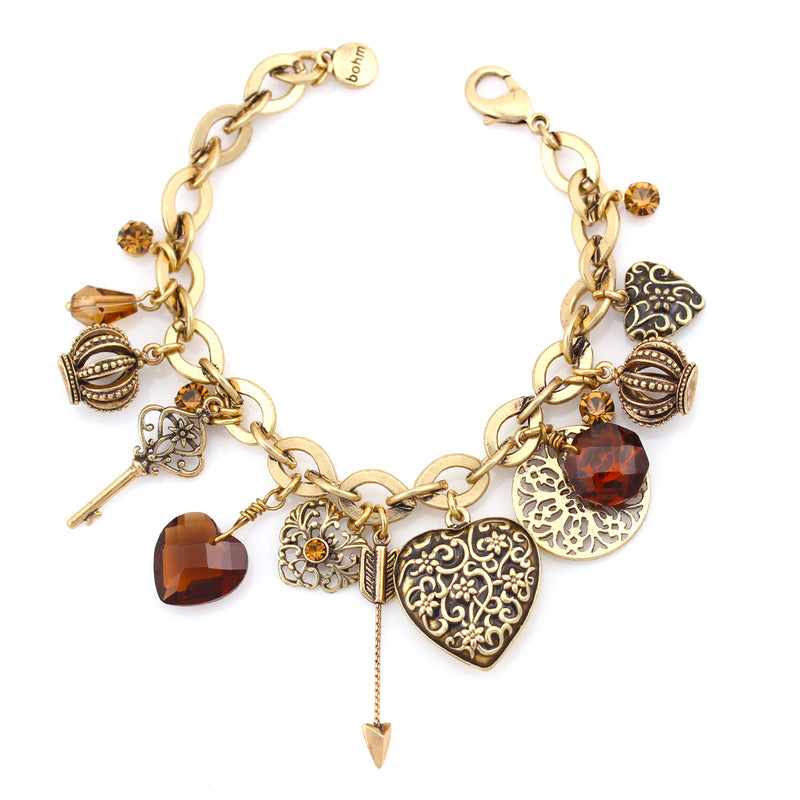Gold-Tone Metal Heart Filigree And Mix Charms Bracelets
