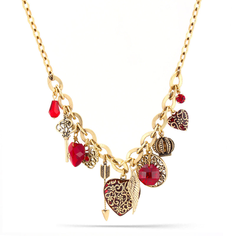 Antique Gold-Tone Metal Red Stone Mix Charm Necklace