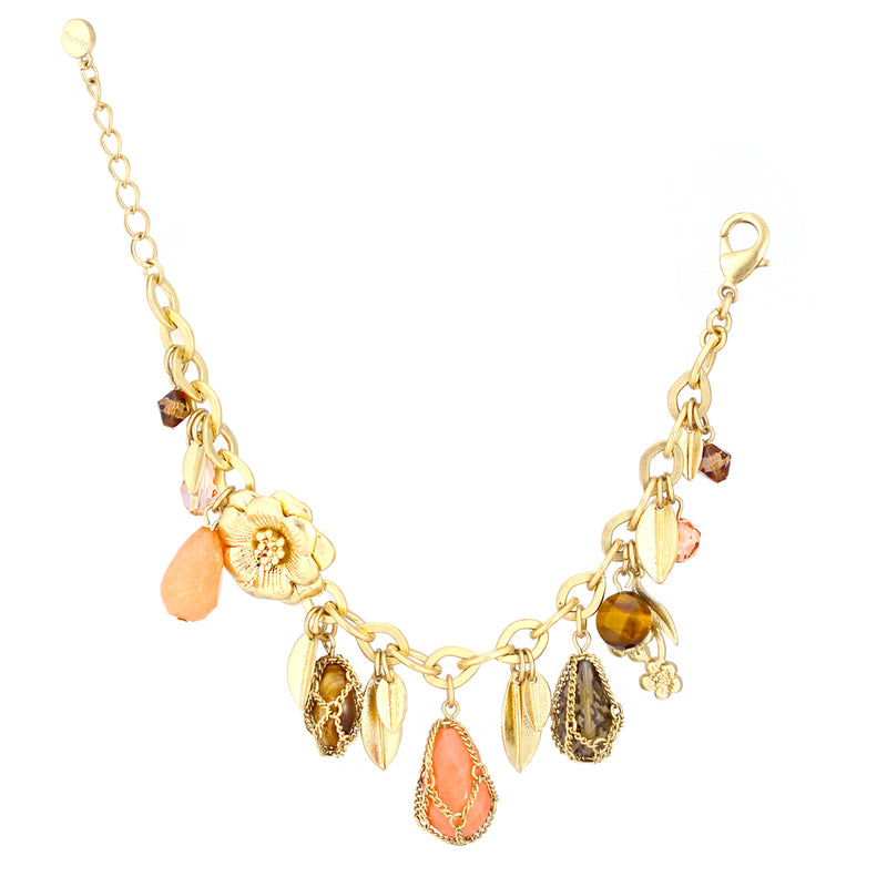 Gold-Tone Metal Flowers And Leaves Tiger'S Eyes And Peach Stone Wrap Around Bracelets