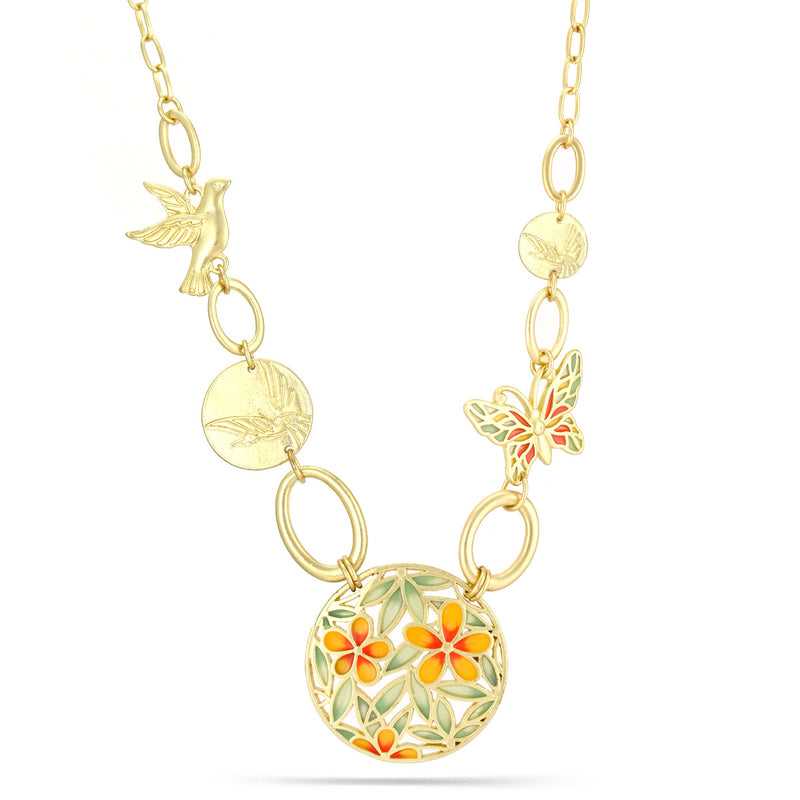 Gold-Tone Metal Bird And Butterfly Orange Green Flower Necklace