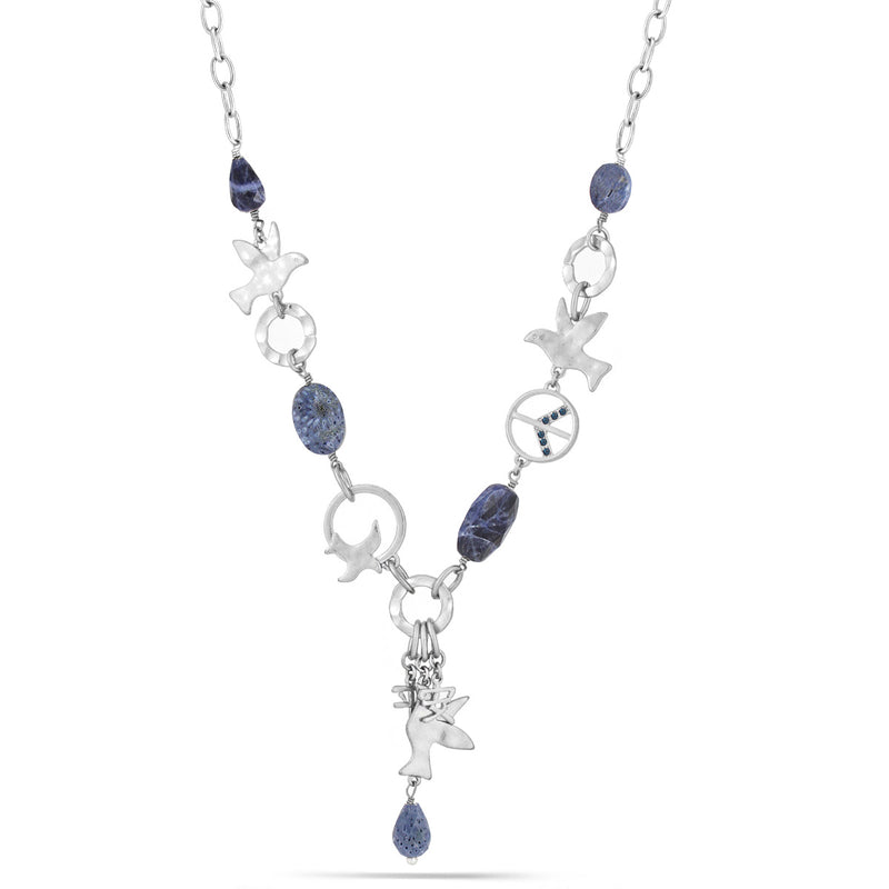 Silver-Tone Metal Blue Stone Peace Necklace
