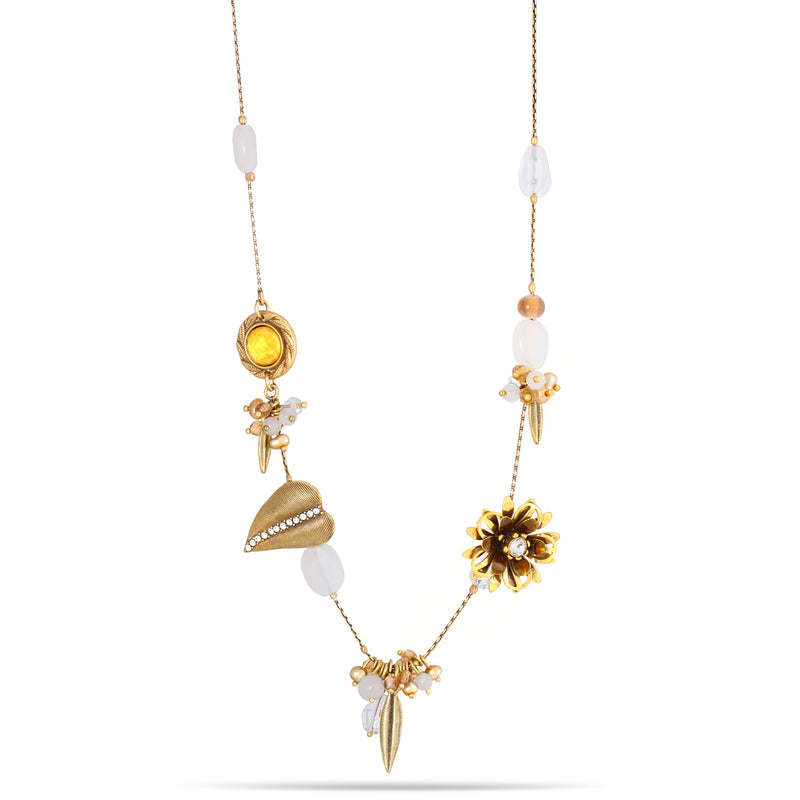 Gold-Tone Metal Flower And Leaves Adjustable Lobster Claw Closure Crystal Necklaces