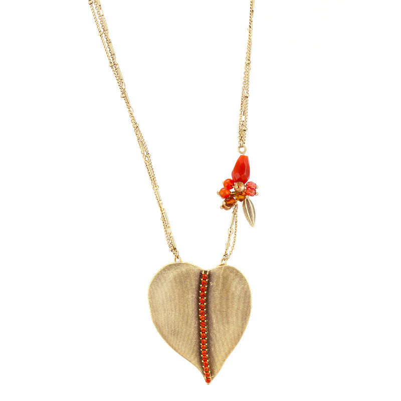 Gold-Tone Metal Flower And Leaf Red Crystal Necklace