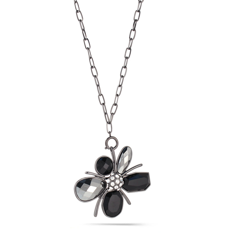 Hematite-Tone Metal Black And Hematite Stone White Crystal Necklace