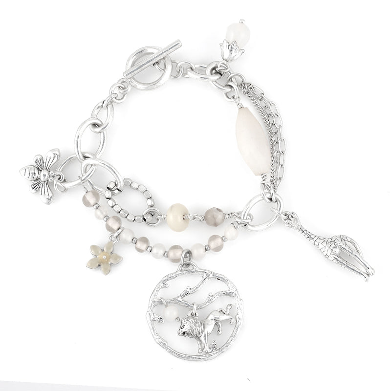 Silver-Tone Metal Charms Cream Beads Wrap Around Bracelets