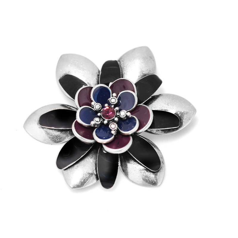 Silver-Tone Metal Black Blue And Purple Flower Brooches 
