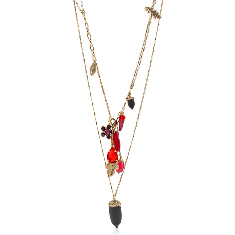 Gold-Tone Metal Red  Crystal And Acorn Charm 2 Layered Necklace