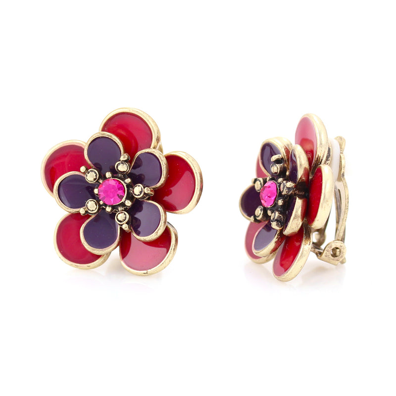 Gold-Tone Metal Purple And Pink Flower Crystal Clip On Earrings