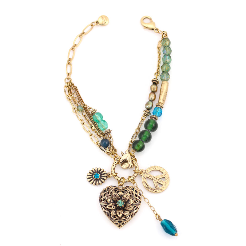 Gold-Tone Metal Filigree Heart Charms Green Wrap Around Bracelets