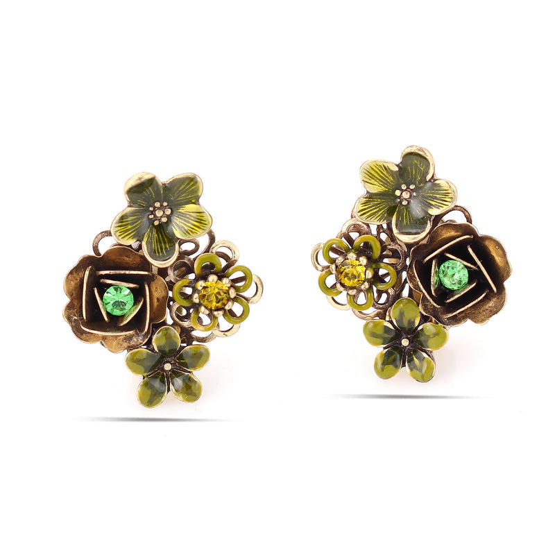 Gold-Tone Metal Green Flower Crystal Clip On Earrings