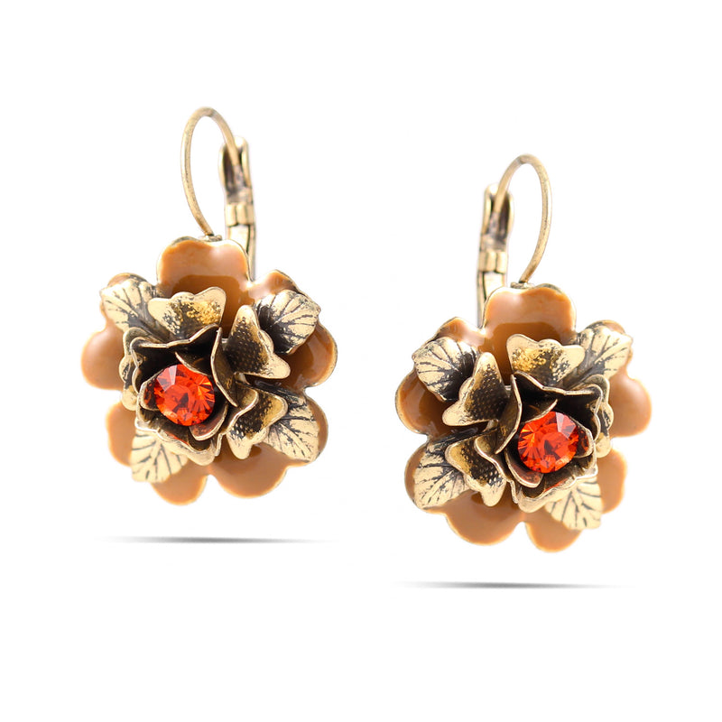 Gold-Tone Metalflower Red Crystal Earrings