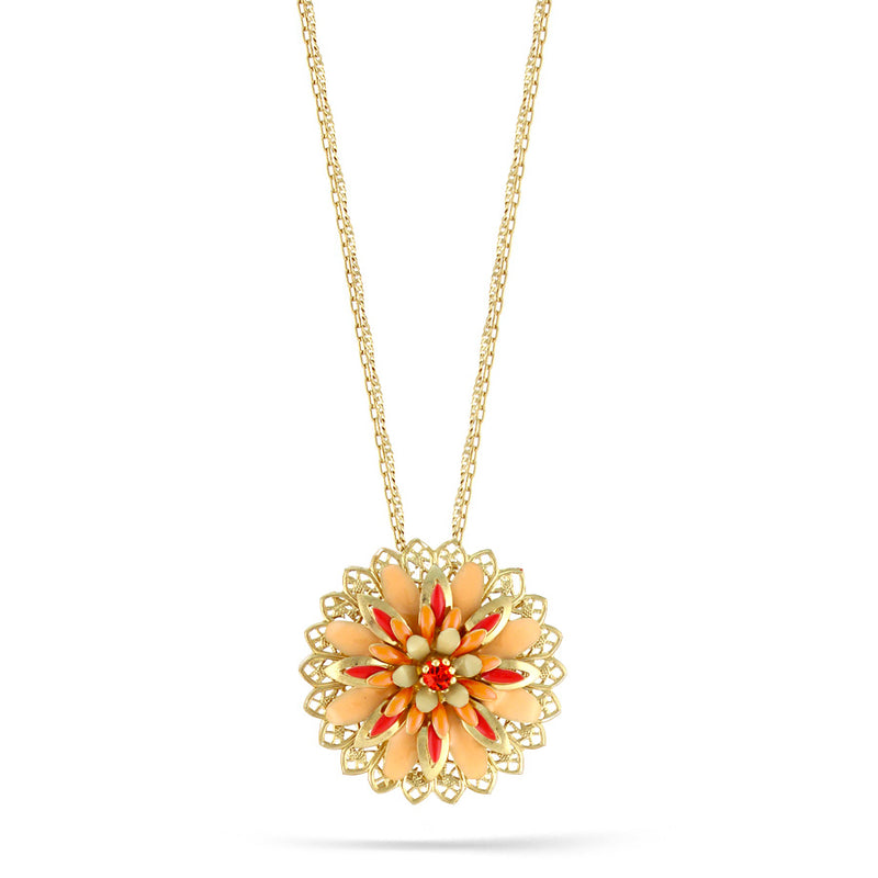 Gold-Tone Metal Filigree Enamel Flower Pendant Necklace
