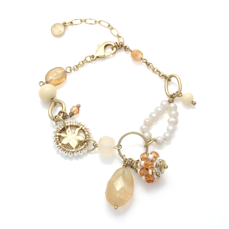 Gold-Tone Metal Pearl And Cream Stonel Mix Charm Wrap Around Bracelets