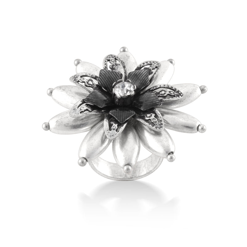 Silver-Tone Metal Flower Enamel And White Crystal Adjustable Ring