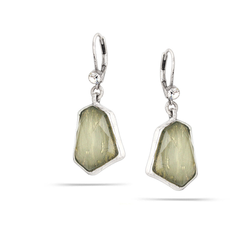 Silver-Tone Metal Faceted Green And White Crystal Drop Earrings
